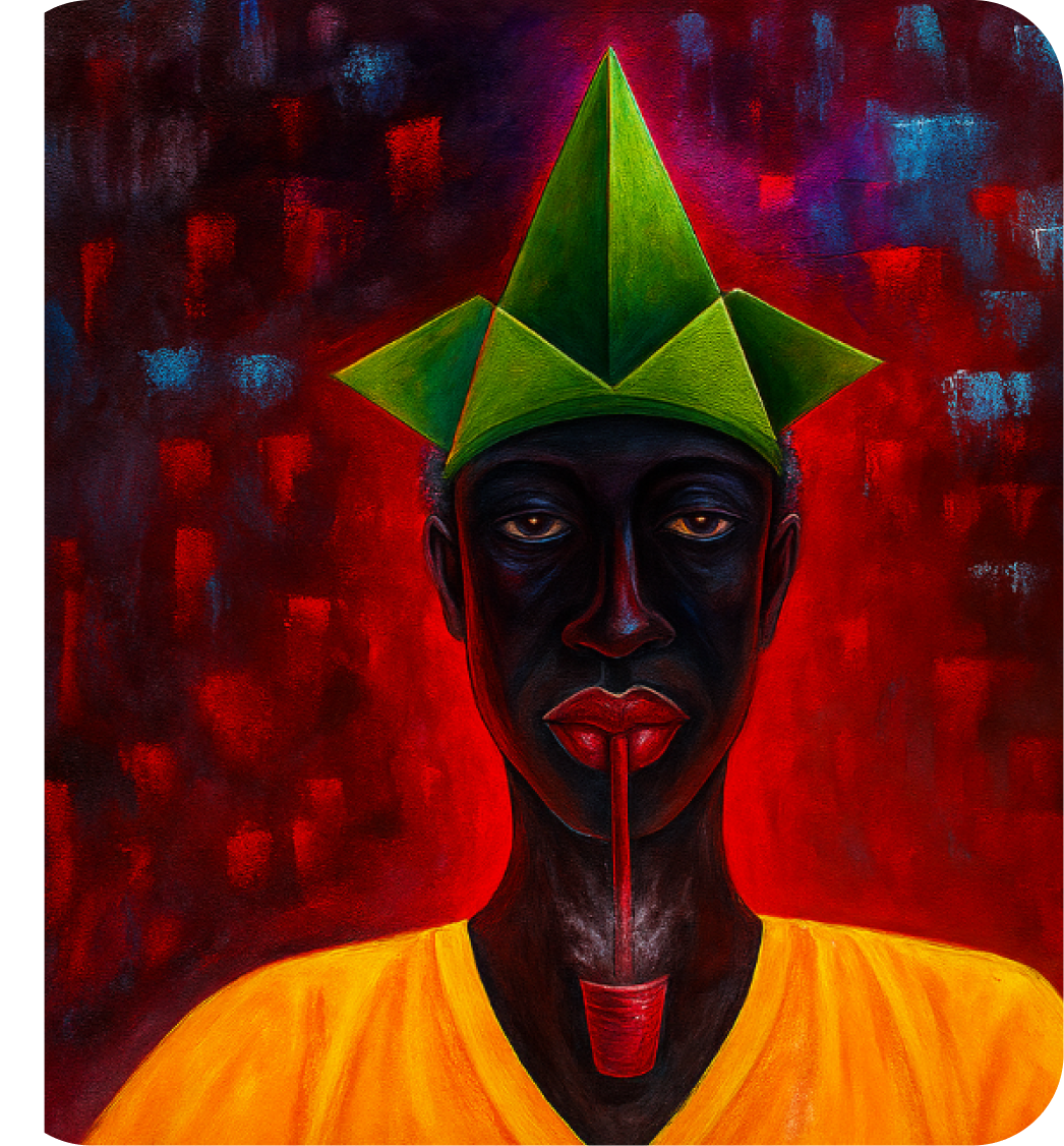 Portrait of a figure wearing a green folded crown